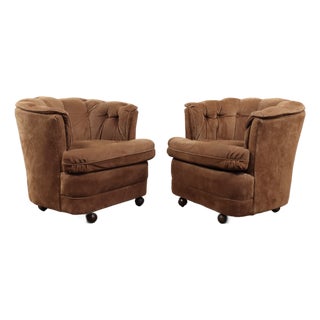 Pair of Mid 20th Century Full Grain Suede Leather Rolling Club Chairs For Sale