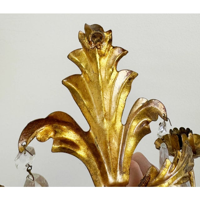 Mid 20th Century Vintage Hollywood Regency Style Italian Gilt Crystal Candle Wall Sconces, a Pair For Sale - Image 5 of 6