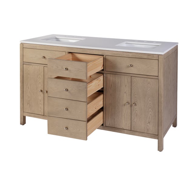 2020s Nora 60 in. W Quartz and Wood Double Sink 4 Drawer Bathroom Vanity Set, Light Oak For Sale - Image 5 of 11