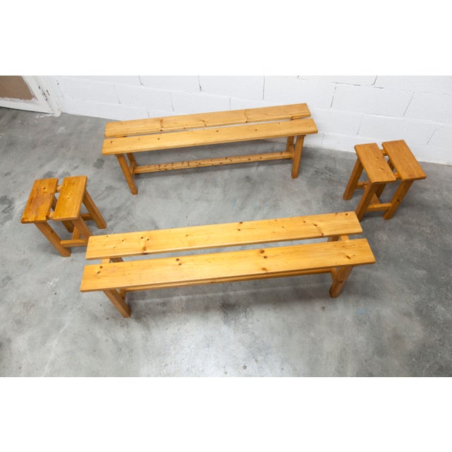 Vintage Benches and Stools in Mountain Pine, 1970, Set of 4 For Sale - Image 13 of 18