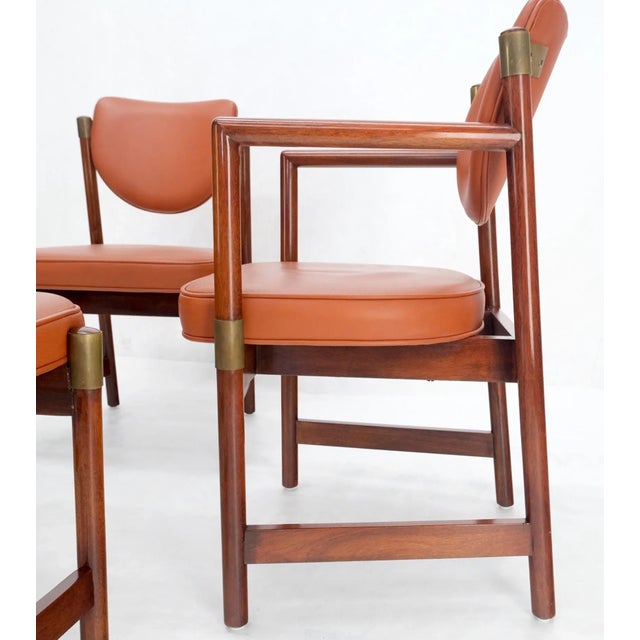 Set 4 Grosfeld House Brick Leather Upholstery Brass Accents Dining Chairs For Sale - Image 10 of 13