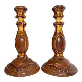 Pair of Antique Hand Turned Wood Marquetry Parquetry Candlesticks Candle Holders For Sale