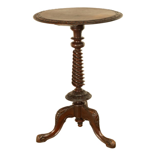 Antique Irish Carved Burl Walnut Spiral Twist Pedestal Tripod Wine Table 1860 For Sale - Image 10 of 18