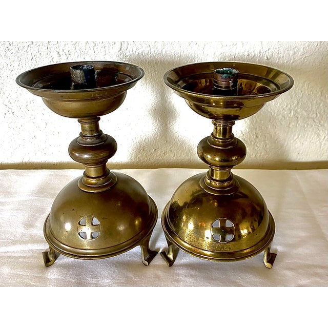 Fantastic pair of antique brass ecclesiastical gothic style footed candlesticks, with fretwork Greek cross design,...