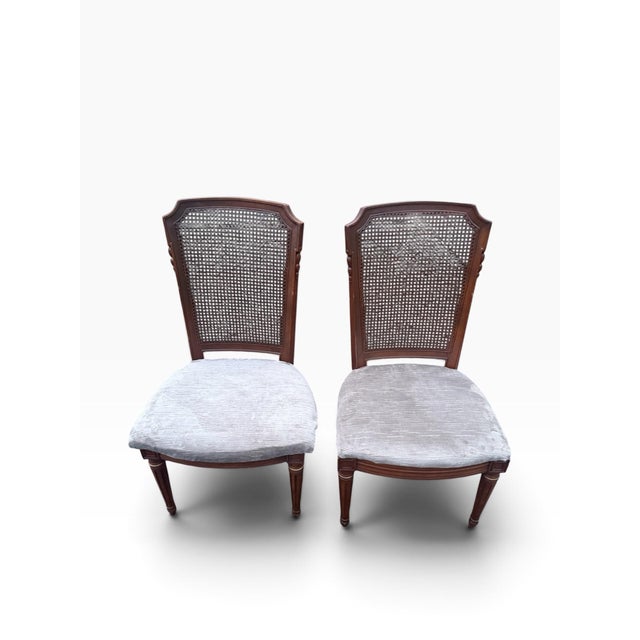 1970s Vintage French Provincial Cane-Back Side Chairs With Taupe Upholstery, Pair For Sale - Image 5 of 9