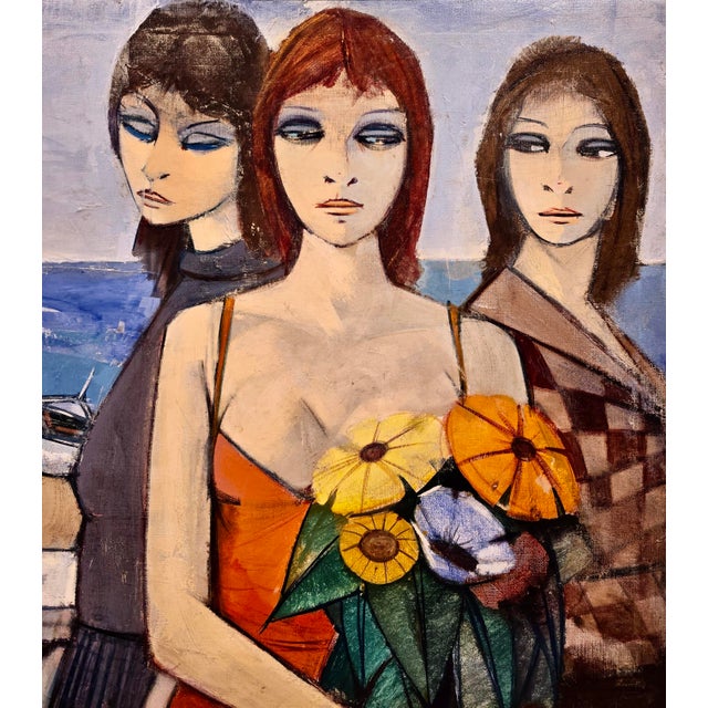 Textile Charles Levier "Three Parisian Women by the Beach"1960s Oil Painting For Sale - Image 7 of 14