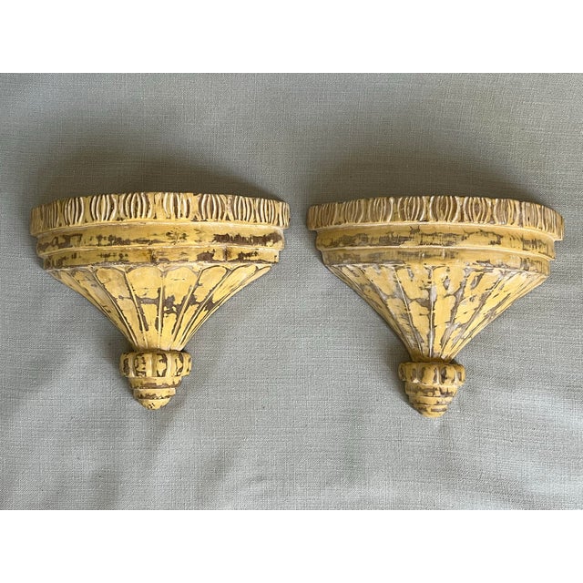 Pair of Foreside Gustavian Style Yellow Painted Carved Wood Wall Brackets For Sale - Image 11 of 12