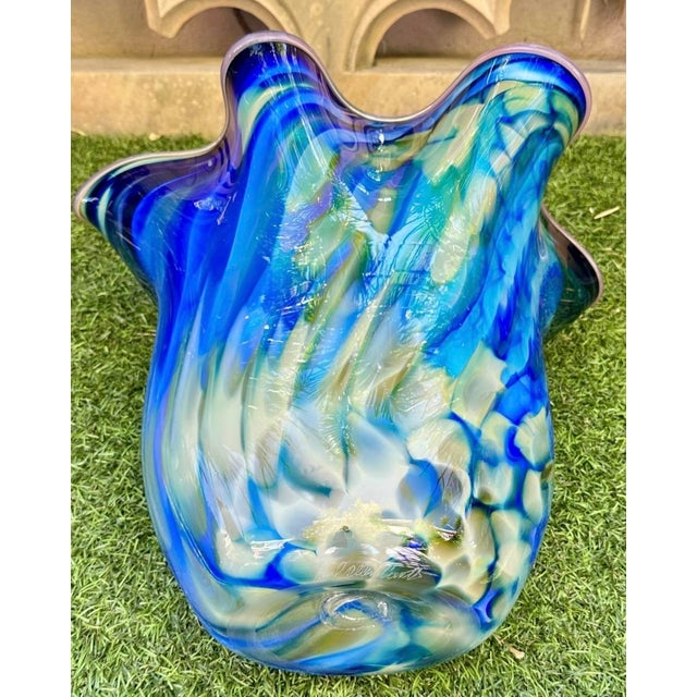Large Blue Swirl Ruffled Handkerchief Art Glass Vase | Studio Glass Fazzoletto 15"h Artist Signed For Sale - Image 17 of 18