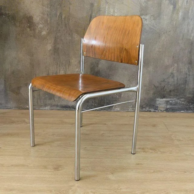 Stackable Plywood Chairs with Chrome Frame, 1950s, Set of 4, in Very Good conditions. Designed 1950 to 1959