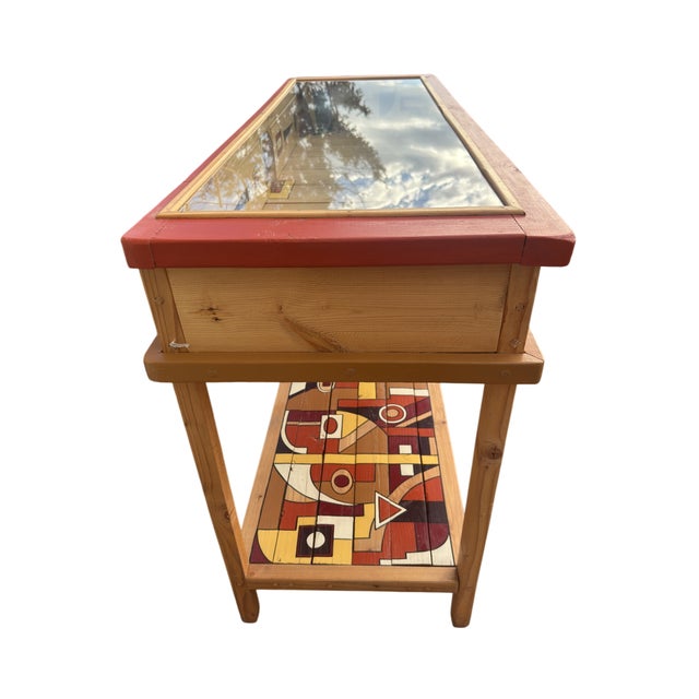Vintage Hand Painted Geometric Wood and Glass Display Case Console For Sale - Image 4 of 10