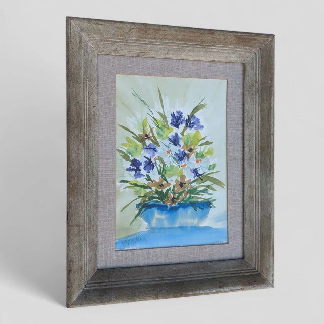 Vintage Original Still Life Flowers in a Blue Vase Botanical Watercolor Painting Signed For Sale - Image 9 of 12