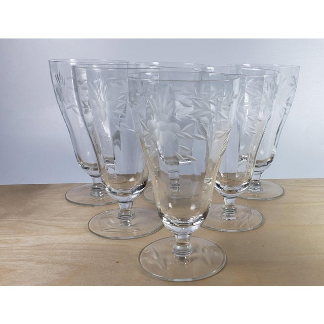 Vintage MidCentury Crystal Water Goblets Etched With Flowers and