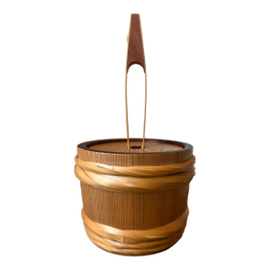 Vintage Mid-Century Rattan, Bamboo & Wood Ice Bucket With Tongs-Made in Japan