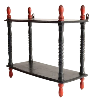 Vintage Diminutive Black Lacquered Table or Wall Shelf With Carved Red Finials