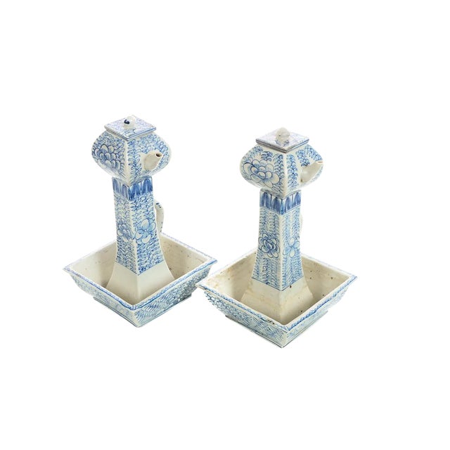 19th Century Chinese Blue & White Square Porcelain Tea Pots - A Pair For Sale