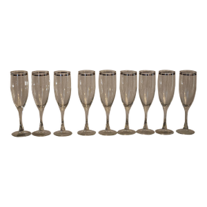 Vintage Champagne Glasses With Silver Rim Accent- Set of 9