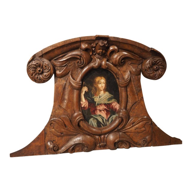 17th Century French Carved Oak Cartouche Panel With Portrait Painting For Sale