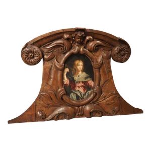 17th Century French Carved Oak Cartouche Panel With Portrait Painting