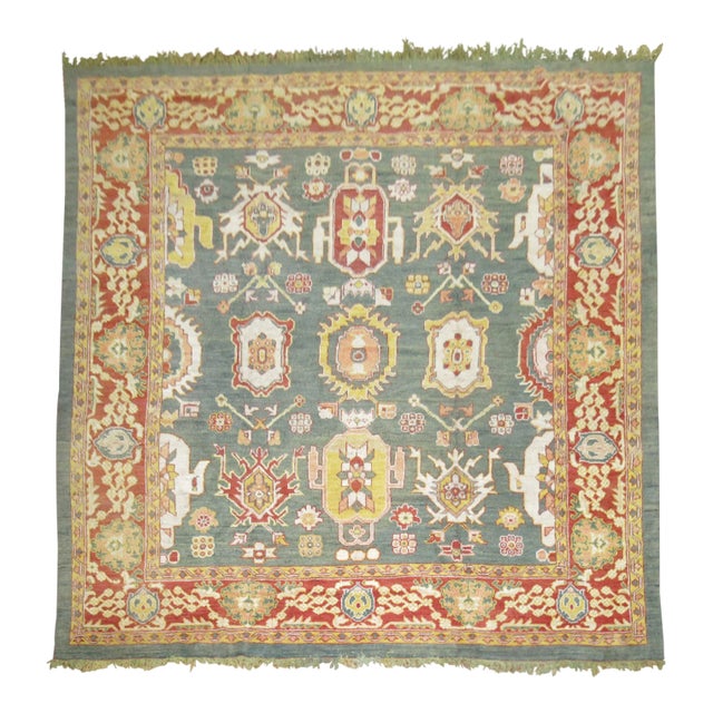 Vintage Traditional Green Square Large Oushak - 11'2" x 12'3" For Sale