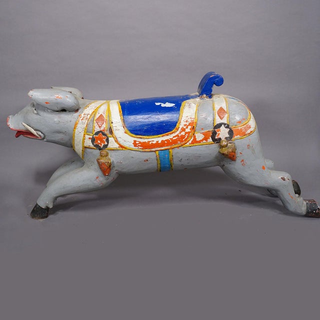 Rustic European Rare Antique Children Carousel Pig, Germany Ca. 1920s For Sale - Image 3 of 11