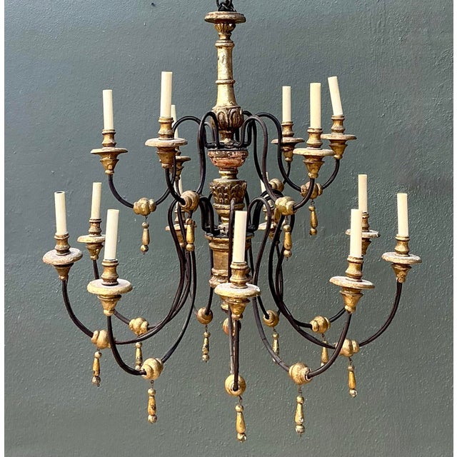 Vintage Gilt Wood and Metal Twelve-Light Chandelier For Sale - Image 10 of 12