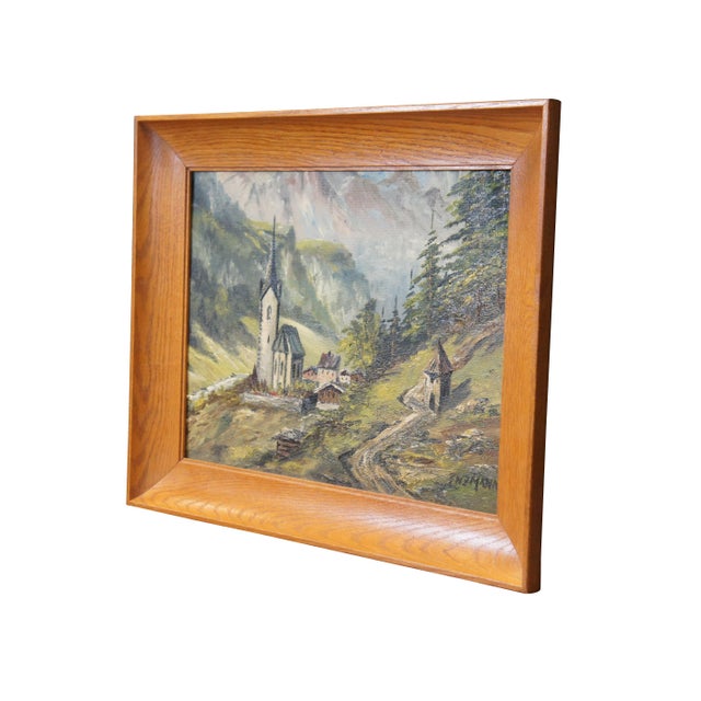 Folk Art Vintage Eduard Enzmann Alpine Church Landscape Oil Painting on Board 20" For Sale - Image 3 of 10