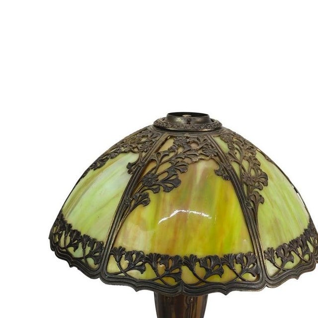 Arts & Crafts Antique Bradley & Hubbard School 6-Panel Slag Glass Lamp With Floral Motif C1920 For Sale - Image 3 of 12