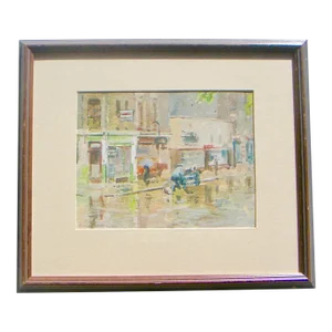 1970s "Rainy Day in London Town" Oil Painting, Framed