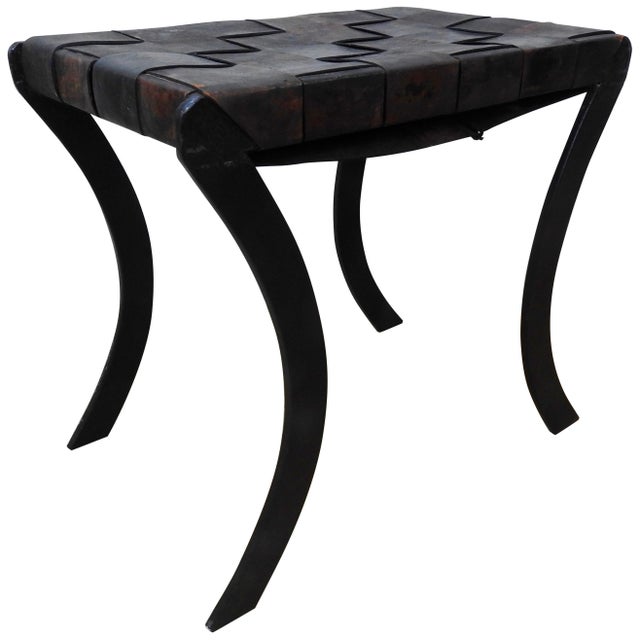 Woven Leather Strap Stool With Saber Legs For Sale - Image 9 of 9