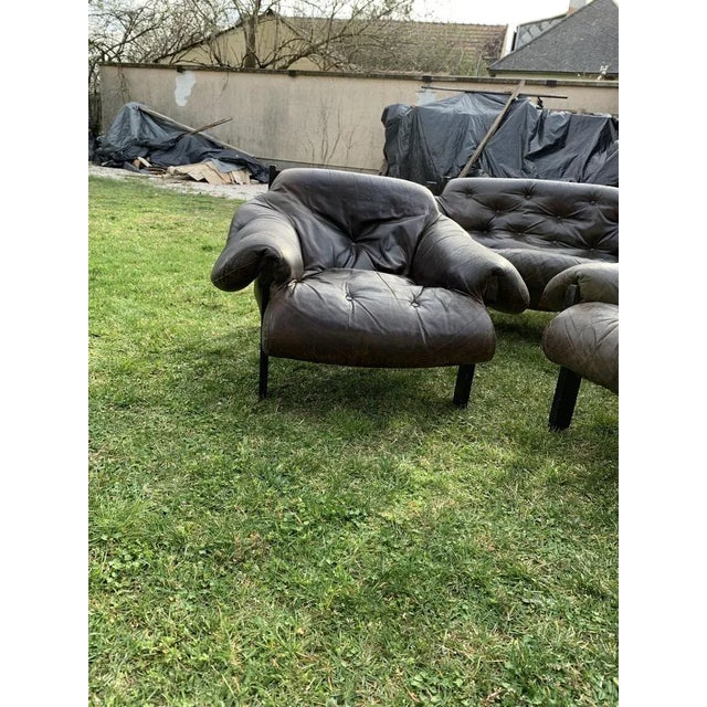 Mid-Century Brown Tufted Leather Armchairs & Ottoman in the style of Percival Lafer, 1960s, Set of 3 For Sale - Image 6 of 11