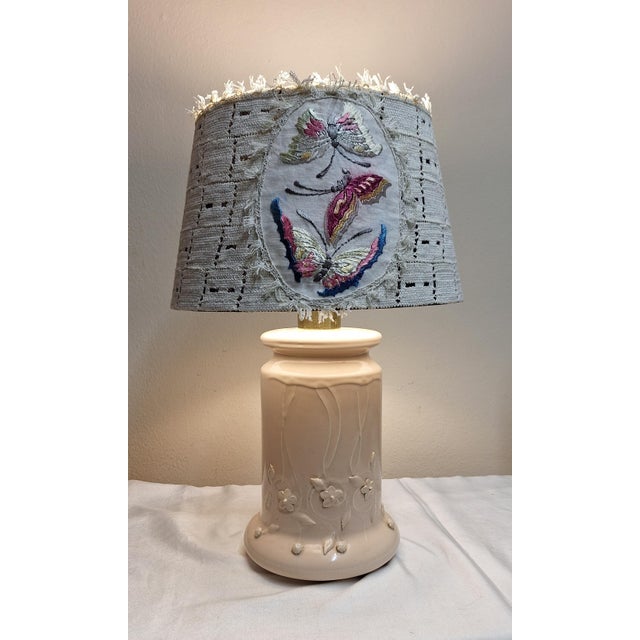 Textile Vintage Table Lamp with Beige Floral Decorated Ceramic Base and Handmade Fabric Shade from Lamplove, 1970s For Sale - Image 7 of 7