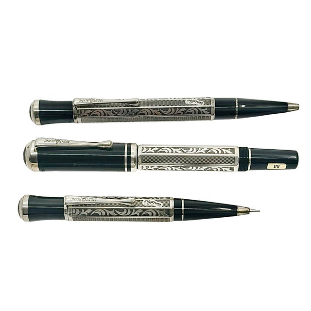 A highly desirable, Montblanc Marcel Proust Writers Edition three piece sterling silver writing instrument set, which...
