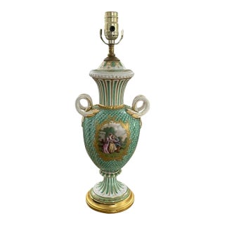 Late 19th Century Sevres Style Double Handle Green Fishnet Urn Lamp With Scenic Cartouche and Floral on the Reverse For Sale