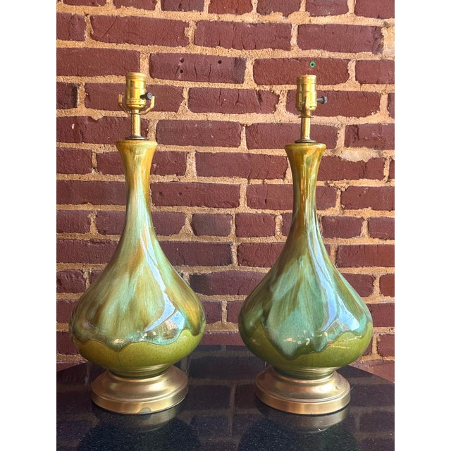 Mid-Century Modern Pair of Mid Century Drip Glaze Pottery Lamps For Sale - Image 3 of 10