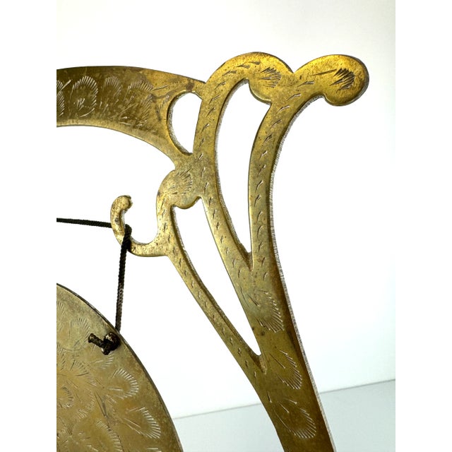 Rustic Vintage Brass Table Gong With Etched Florals and Lyre Frame For Sale - Image 3 of 13