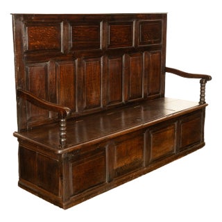 Antique 18th Century Georgian Oak Paneled Box Pub Tavern Settle Bench 1750 For Sale