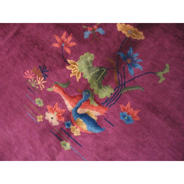 1920s Pink Raspberry Floral Birds Antique Chinese Deco Rug 9' X11' 8" Handlnotted Wool Carpet For Sale - Image 4 of 6