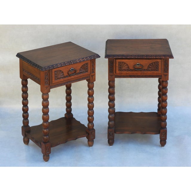 Neo-Basque Carved Oak Single Drawer Nightstands by Charles Dudouyt, France, 1930s, Set of 2 For Sale - Image 3 of 11