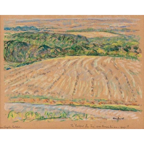 This early 20th-century pastel on paper by Walter Durac Barnett (1876–1961) depicts a rolling country landscape with a...