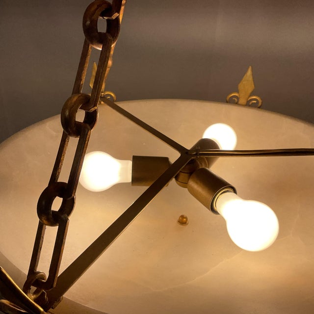 White Elegant Neoclassical Natural Alabaster & Gold Leaf Pendant For Sale - Image 8 of 12