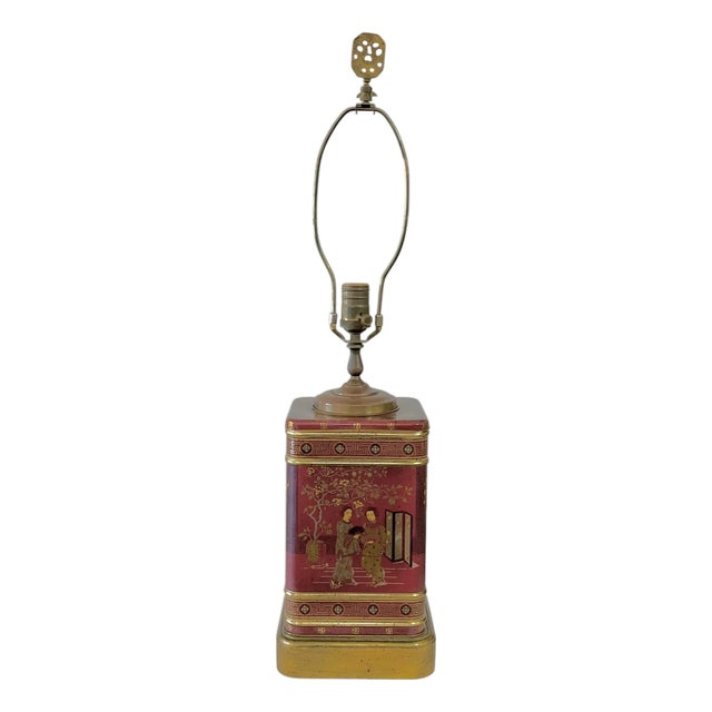 Vintage Frederick Cooper Style Red Chinoiserie Tin Tea Caddy Lamp For Sale