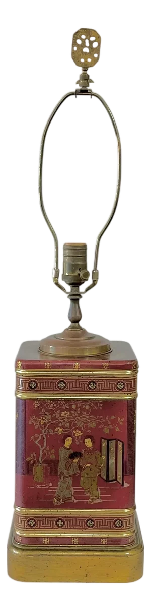 Vintage Frederick Cooper Style Red Chinoiserie Tin Tea Caddy Lamp