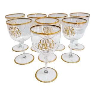 Vintage Hollywood Regency Gold Monogrammed Crystal Wine Glasses - Set of 8 For Sale