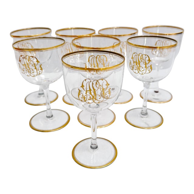 Vintage Hollywood Regency Gold Monogrammed Crystal Wine Glasses - Set of 8 For Sale