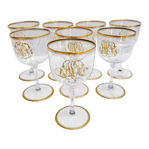 Vintage Hollywood Regency Gold Monogrammed Crystal Wine Glasses - Set of 8