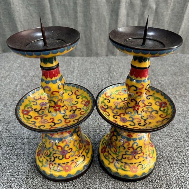 Mid 20th Century Pair of Tall Vintage Yellow Cloisonné Enamel Altar Candlesticks For Sale - Image 5 of 6