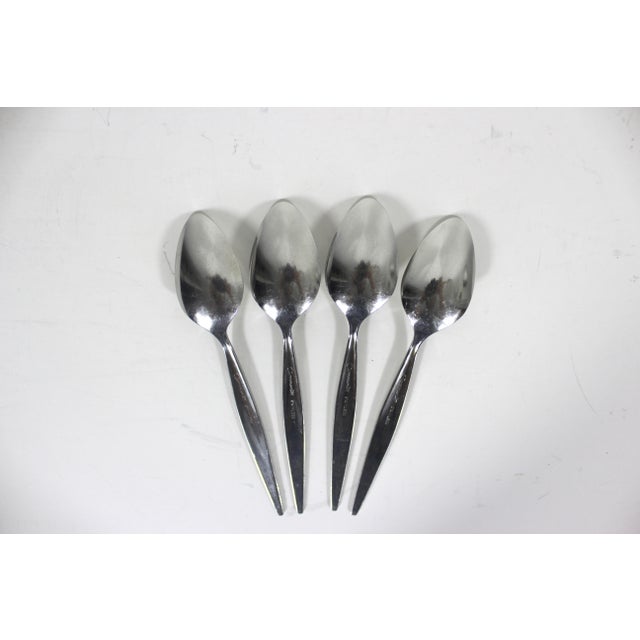 1960s 1960’s Four Venetia Teaspoons Tea Spoon Mid Century Modern Stainless Steel Oneida Community Matching Scroll Matching Set Black Detail For Sale - Image 5 of 6