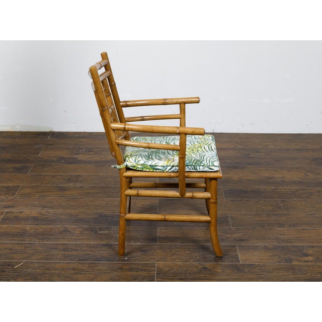 Brown Set of Four Midcentury English Faux Bamboo Armchairs with Thin Cushions For Sale - Image 8 of 12