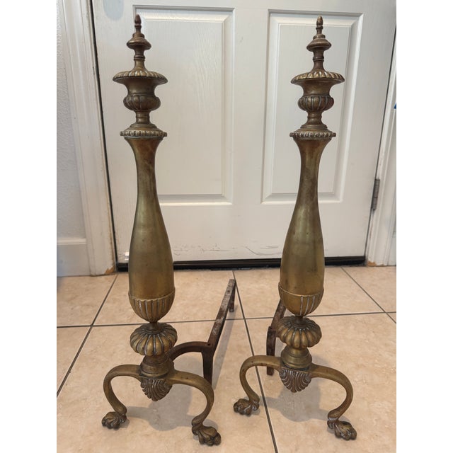 Art Nouveau Antique Solid Brass Fireplace Andirons/ Firedogs Pair (2) For Sale - Image 3 of 12