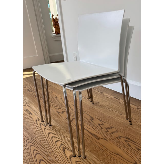 Mid-Century Modern Cb2 White Slim Chairs-3 in Set For Sale - Image 3 of 6